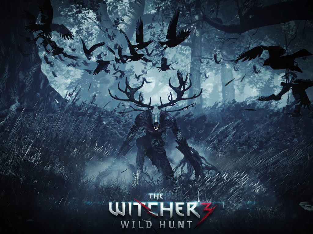 The Witcher III: WIld Hunt. Promotional image for the spooky video game. A flock of crows swirls around a horned monster,