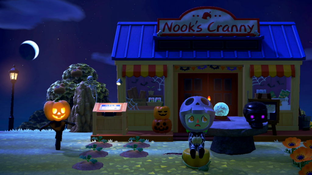 Animal Crossing: New Horizons. The player character, dressed as a skeleton with green skin and orange eyes, sits on a pumpkin. 