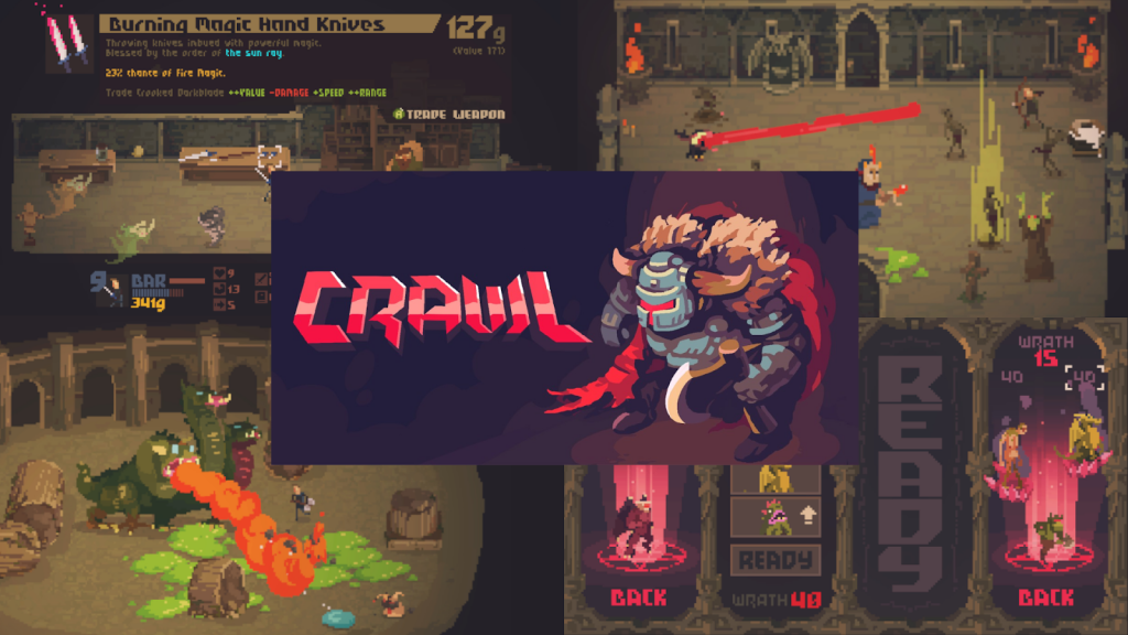 Crawl. Composite image showing screens from non-scary video game Crawl. Colourful pixel graphics show a three-headed dragon, burning magic hand knives, and mysterious portals.