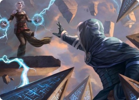 Magic: the Gathering card art; Nahiri's Binding. Spiky hedrons surround Jace. They do not look cute this time.