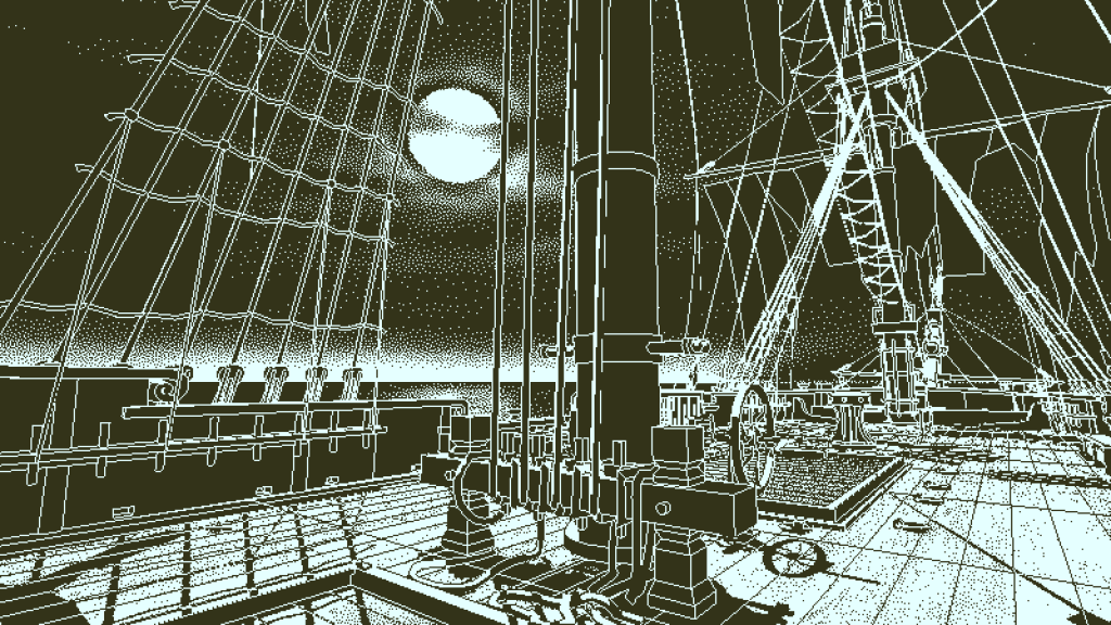 Return of the Obra Dinn. Black and white image shows detailed ship's rigging with a full moon in the sky.