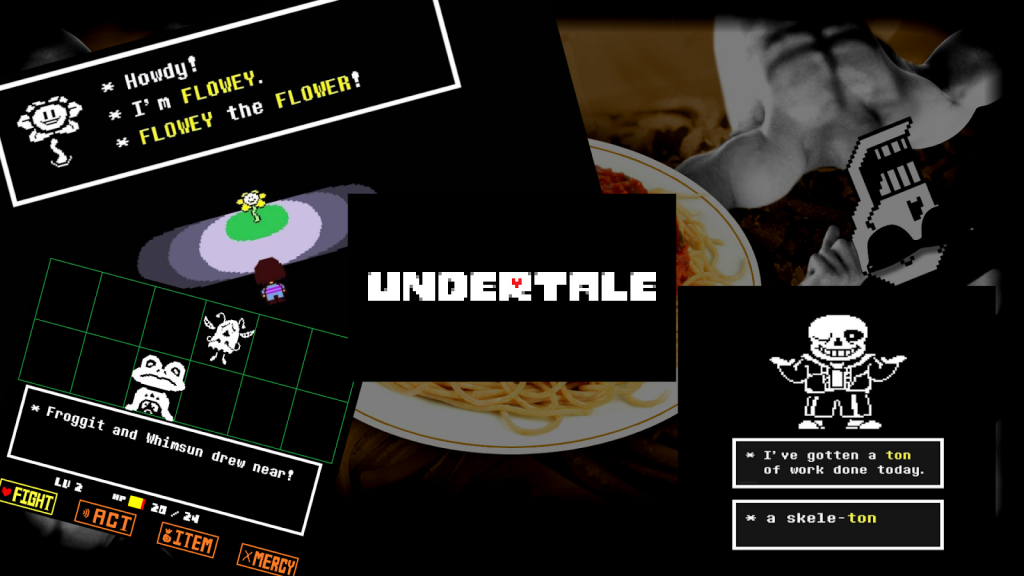 Undertale. Composite image featuring screenshots from the spooky video game. 8-bit characters include Flowey the Flower, Froggit and a punning skeleton.