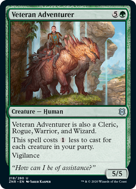 Magic: the Gathering card; Veteran Adventurer. A human rides the cutest scaly six-legged beast.