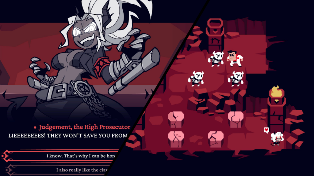 Helltaker. One image shows dialogue with a stylised demon girl named Judgement, the High Prosecutor. The other shows a red-on-black ouzzle level.