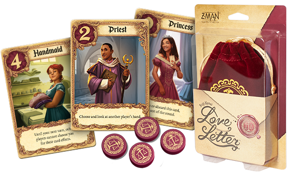 Illustrative picture showing role cards and tokens alongside the neat velvet pouch of Love Letter.