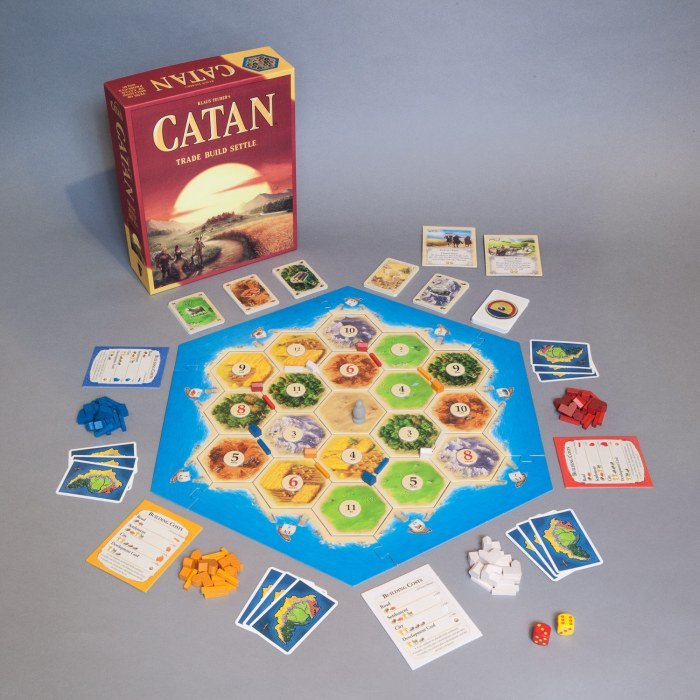 Illustrative photo of a game of Settlers of Catan in progress. A hexagonal board shows a stylised island smattered with wooden game pieces. Various hands of cards surround the board.