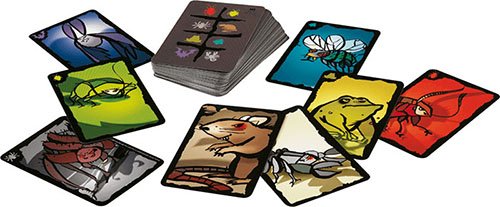 A photo showing cards in the eight 'suits' of Cockroach Poker. Each card is taken up by a colourful cartoon of the animal in question: bat, spider, stinkbug, cockroach, toad, fly, rat, and scorpion.