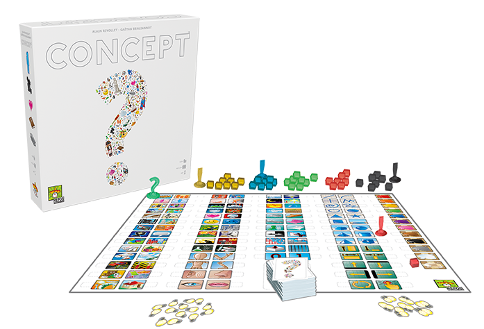 Illustrative photo of gameplay for Concept. A colourful board showing commonly-used symbols is surrounded by prompt cards and 'idea' tokens in the shape of lightbulbs.