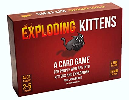 Box art for the family-friendly card game, Exploding Kittens. A doodle of a cat holding a bomb is captioned 'a card game for people who are into kittens and explosions and laser beams...'