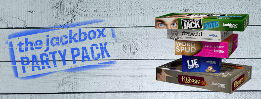 Illustrative image for the Jackbox Party Pack. The titles of mini-games include 'You don't know Jack', 'drawful', 'Word Spud', 'Lie Detector', and 'fibbage'.