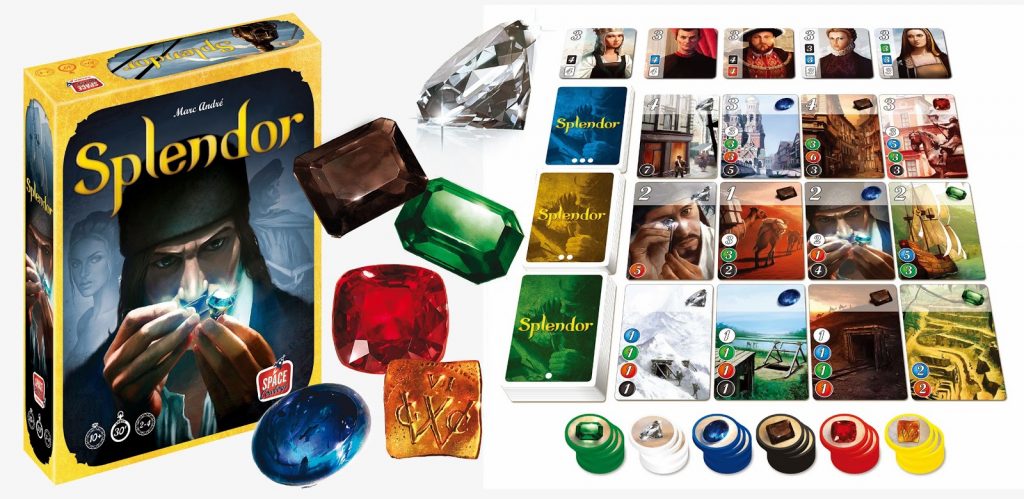 Illustrative picture of the contents of Splendor. Various cards show people, buildings and places. Piles of tokens themed as gems sit beside them.