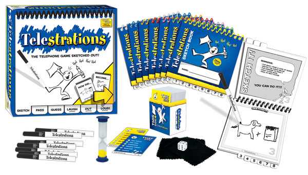 Picture showing the contents of a box of Telestrations. Eight spiral-bound notebooks, a deck of prompt cards, an egg timer, felt pens and cloth erasers.