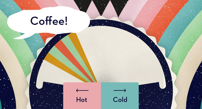 Illustrative image showing the wheel used to play Wavelength. It's a dial with 'hot' and one end and 'cold' and the other. A speech bubble reads 'coffee'.