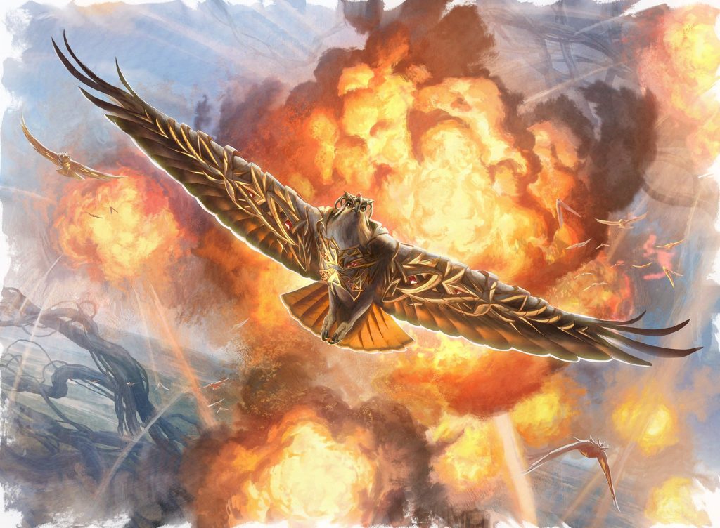 A regal hawk with golden armour flies away from an explosion.