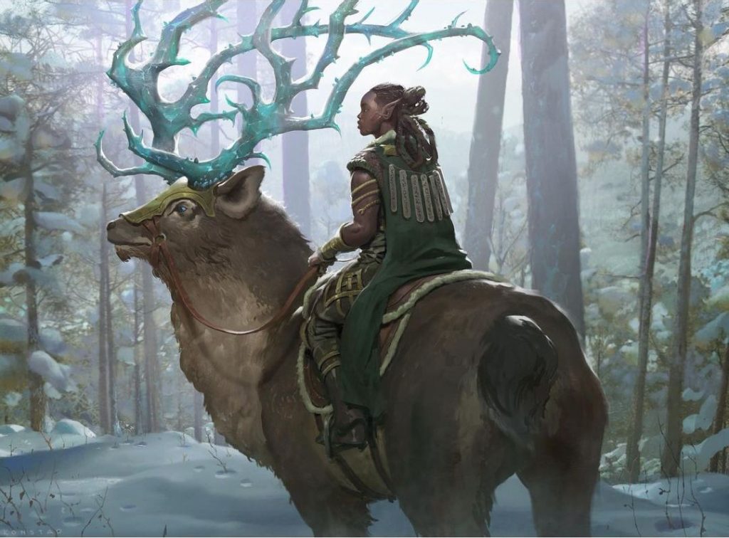 In a forest, a strangely-dressed elf rides a reindeer whose antlers glow blue with magic.