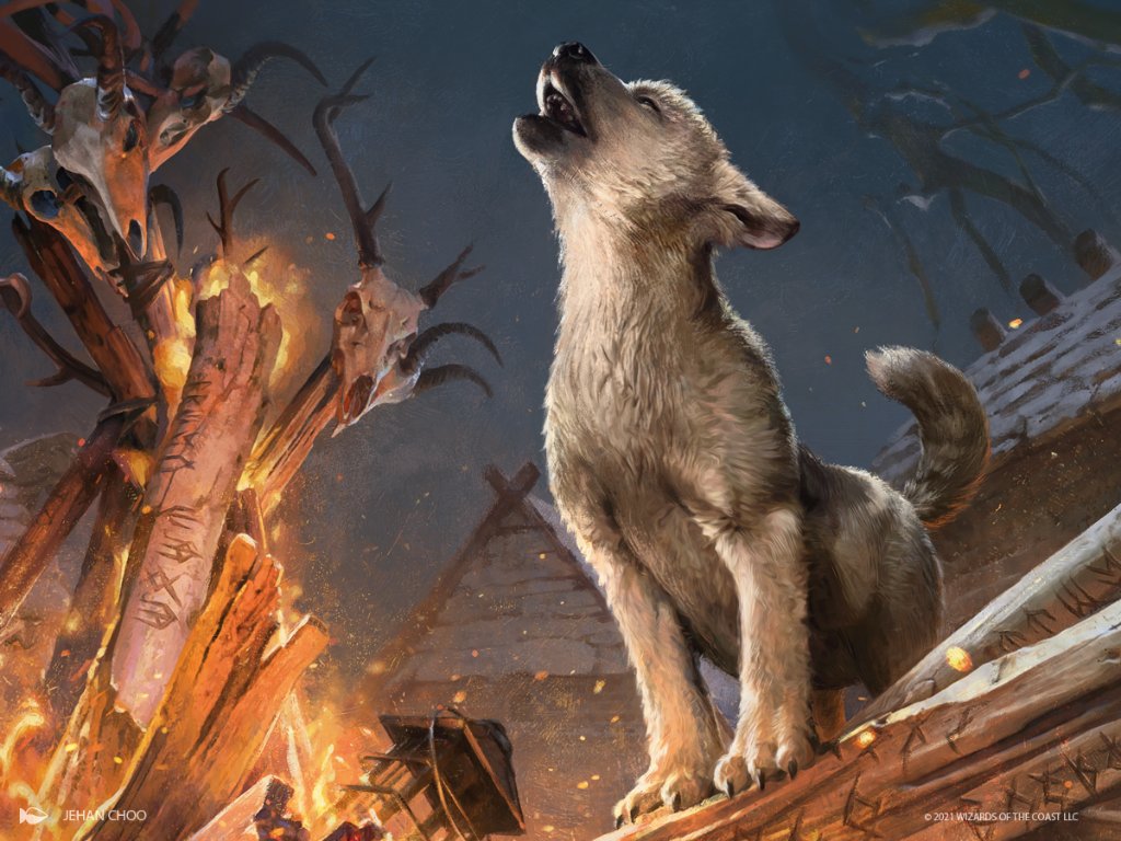 A grey puppy howls beside a bonfire with animal skulls.