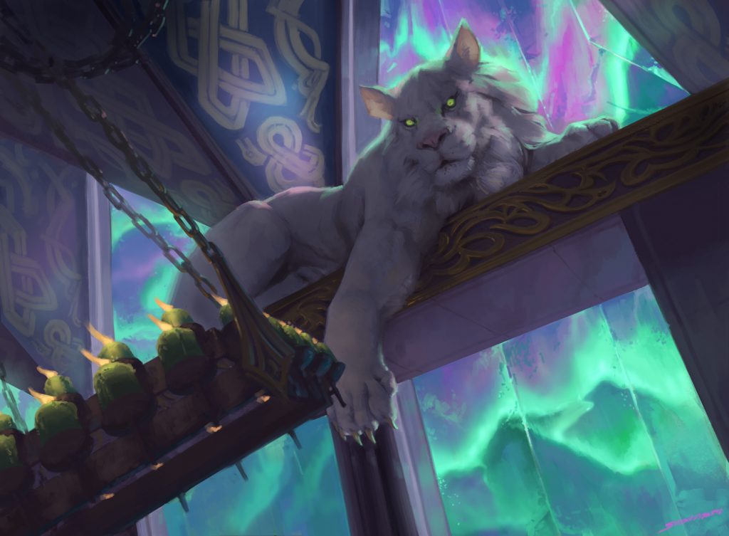 In the rafters of a Viking longhall perches a white lion, green eyes alert.