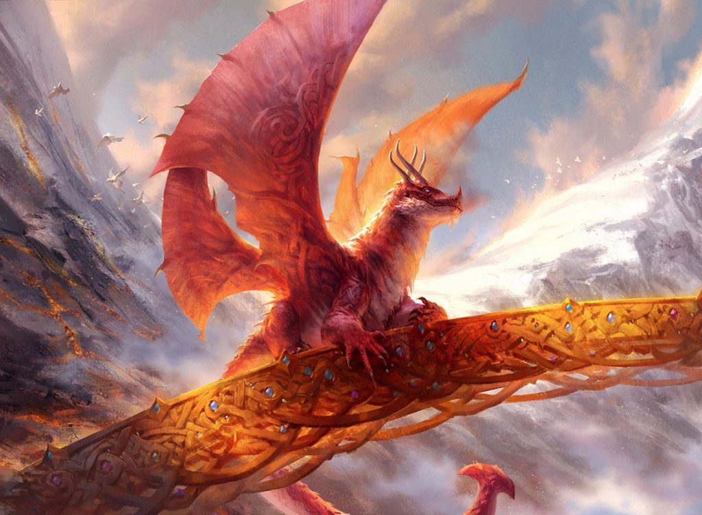 A stocky red dragon sits atop an ornate golden bridge.