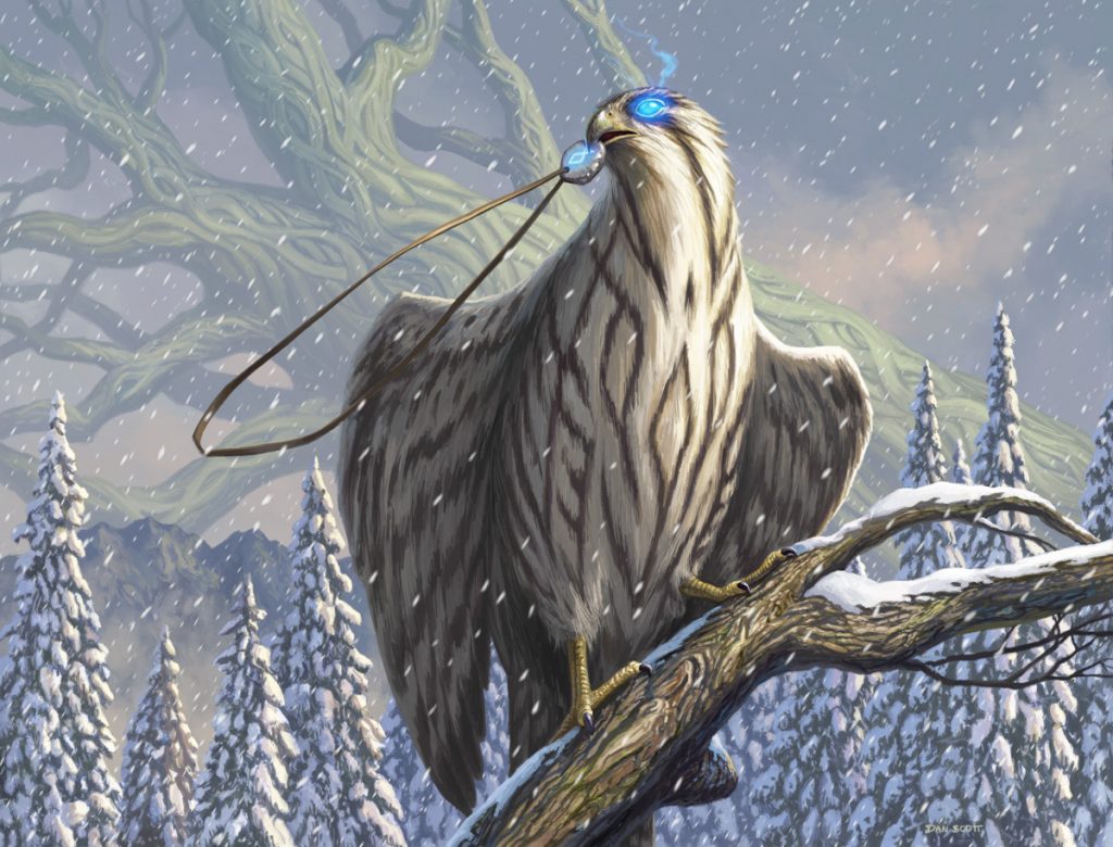 A barred white hawk with a glowing eye perches on a snow-laden branch, magical talisman clasped in its beak.