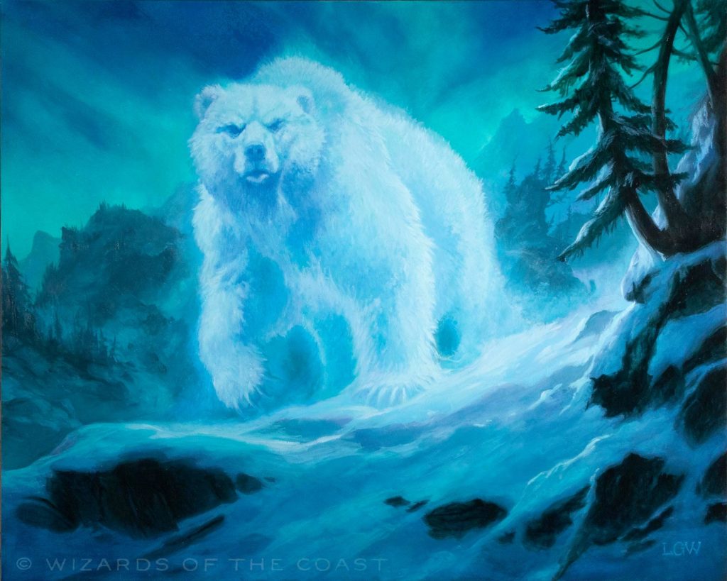 An immense spirit bear prowls a snowy mountainside by night.