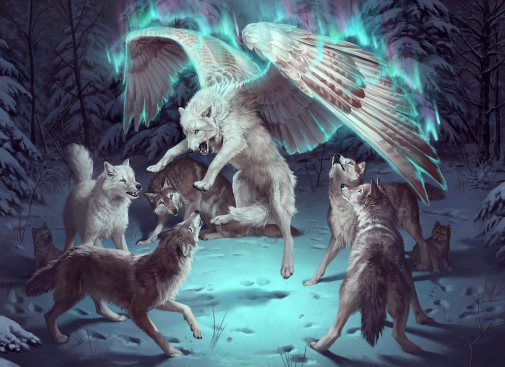 A wolf is lifted by magical white wings. The rest of its pack look on.