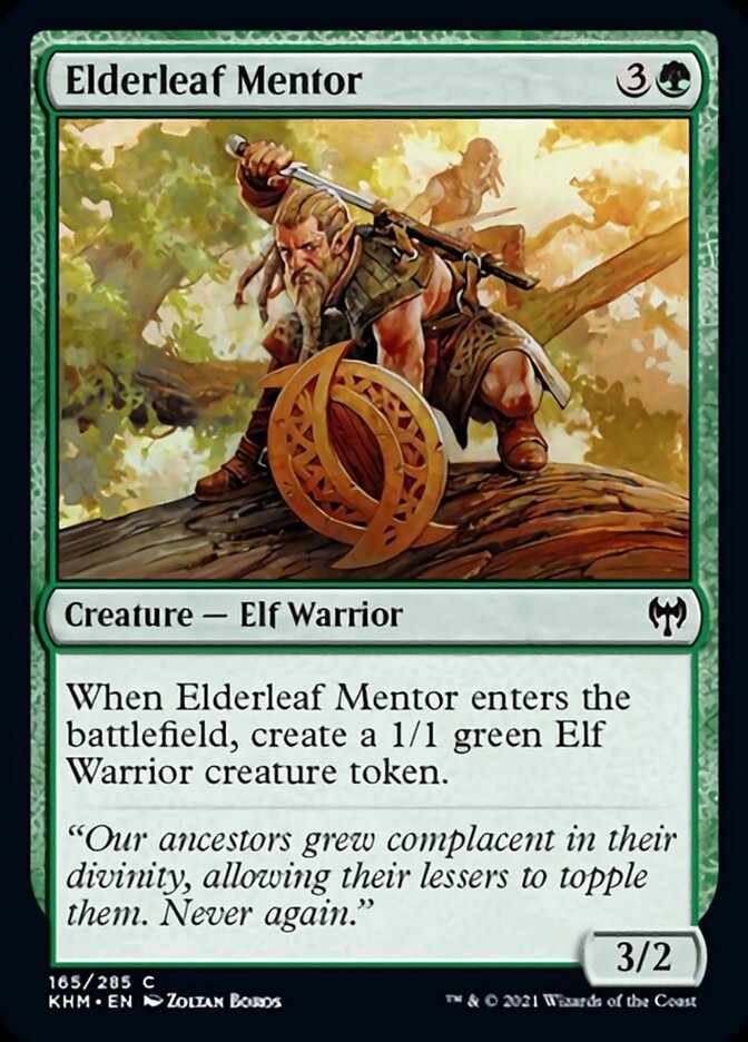 Elderleaf Mentor {3}{G}

Creature — Elf Warrior 3/2

When Elderleaf Mentor enters the battlefield, create a 1/1 green Elf Warrior creature token.