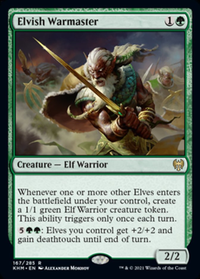 Elvish Warmaster {1}{G}

Creature — Elf Warrior 2/2

Whenever one or more other Elves enters the battlefield under your control, create a 1/1 green Elf Warrior creature token. This ability triggers only once each turn.

{5}{G}{G}: Elves you control get +2/+2 and gain deathtouch until end of turn.