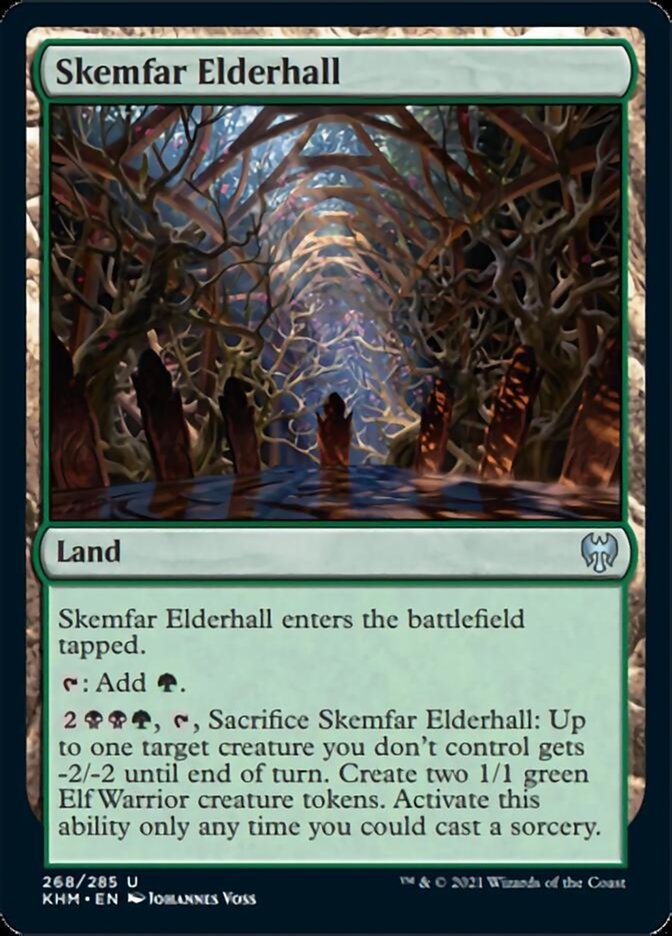 Skemfar Elderhall

Land

Skemfar Elderhall enters the battlefield tapped.

{T}: Add {G}.

{2}{B}{B}{G}, {T}, Sacrifice Skemfar Elderhall: Up to one target creature you don’t control gets -2/-2 until end of turn. Create two 1/1 green Elf Warrior creature tokens. Activate this ability only any time you could cast a sorcery.