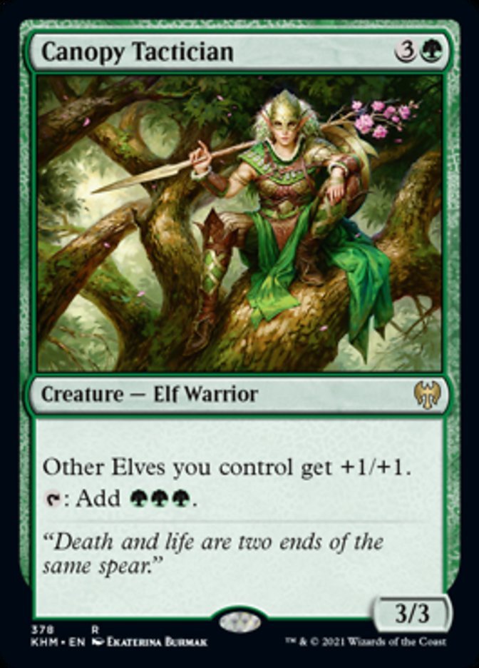 Canopy Tactician {3}{G}

Creature — Elf Warrior 3/3

Other Elves you control get +1/+1.

{T}: Add {G}{G}{G}.