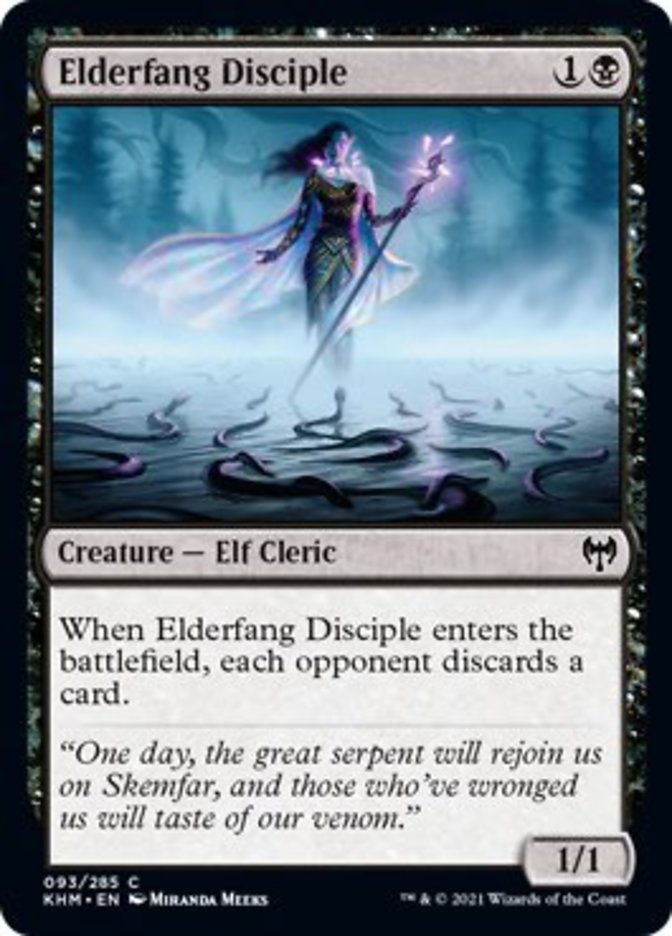 Elderfang Disciple {1}{B}

Creature — Elf Cleric 1/1

When Elderfang Disciple enters the battlefield, each opponent discards a card.