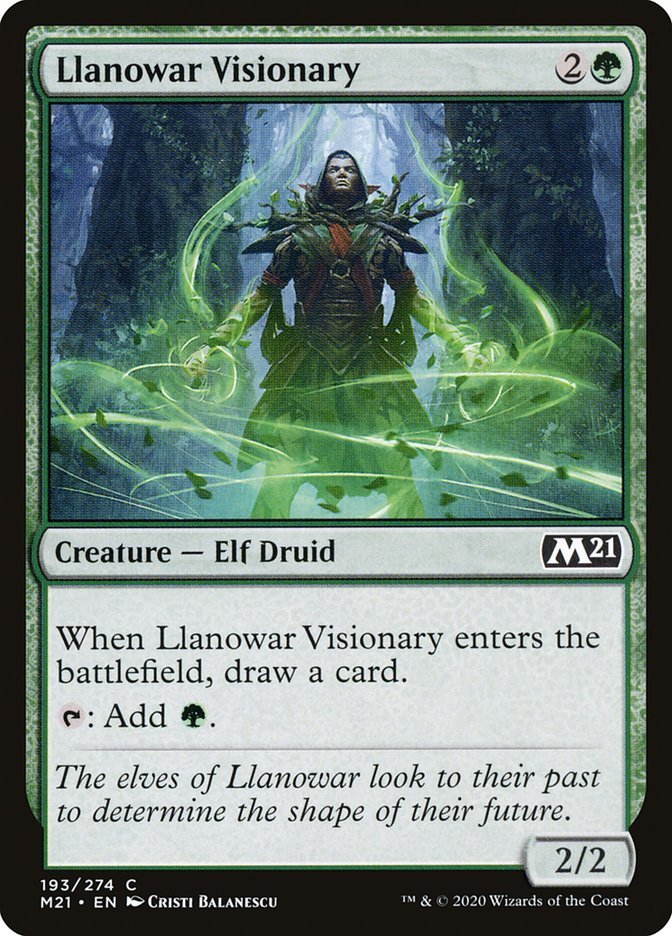 Llanowar Visionary {2}{G}

Creature — Elf Druid 2/2

When Llanowar Visionary enters the battlefield, draw a card.

{T}: Add {G}.
