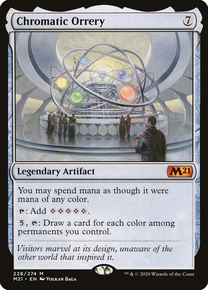 Chromatic Orrery {7}

Legendary Artifact

You may spend mana as though it were mana of any color.

{T}: Add {C}{C}{C}{C}{C}.

{5}, {T}: Draw a card for each color among permanents you control.