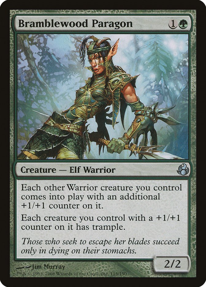 Bramblewood Paragon {1}{G}

Creature — Elf Warrior 2/2

Each other Warrior creature you control enters the battlefield with an additional +1/+1 counter on it.

Each creature you control with a +1/+1 counter on it has trample.