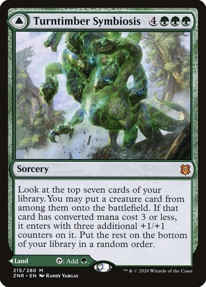 Turntimber Symbiosis {4}{G}{G}{G}

Sorcery

Look at the top seven cards of your library. You may put a creature card from among them onto the battlefield. If that card has converted mana cost 3 or less, it enters with three additional +1/+1 counters on it. Put the rest on the bottom of your library in a random order.