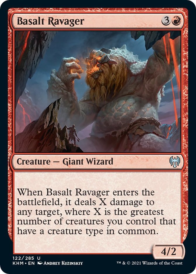 Basalt Ravager {3}{R}

Creature — Giant Wizard

When Basalt Ravager enters the battlefield, it deals X damage to any target, where X is the greatest number of creatures you control that have a creature type in common.