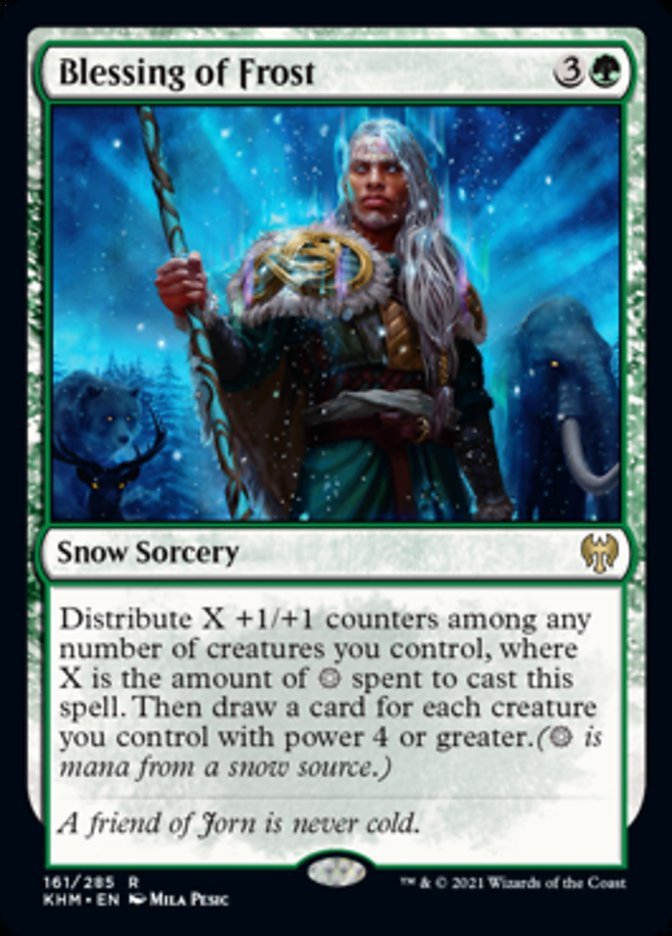 Blessing of Frost {3}{G}

Snow Sorcery

Distribute X +1/+1 counters among any number of creatures you control, where X is the amount of {S} spent to cast this spell. Then draw a card for each creature you control with power 4 or greater.