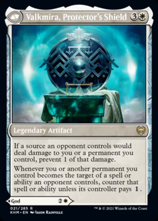 Valkmira, Protector's Shield {3}{W}
Legendary Artifact
If a source an opponent controls would deal damage to you or a permanent you control, prevent 1 of that damage.
Whenever you or another permanent you control becomes the target of a spell or ability an opponent controls, counter that spell or ability unless its controller pays {1}.