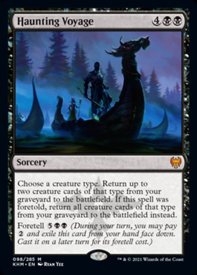 Haunting Voyage {4}{B}{B}
Sorcery
Choose a creature type. Return up to two creature cards of that type from your graveyard to the battlefield. If this spell was foretold, return all creature cards of that type from your graveyard to the battlefield instead.
Foretell {5}{B}{B} (During your turn, you may pay {2} and exile this card from your hand face down. Cast it on a later turn for its foretell cost.)