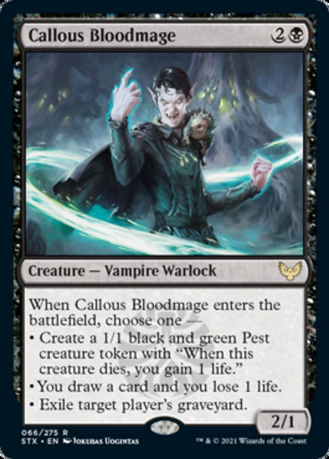 Callous Bloodmage {2}{B}

Creature — Vampire Warlock 2/1

When Callous Bloodmage enters the battlefield, choose one —

• Create a 1/1 black and green Pest creature token with “When this creature dies, you gain 1 life.”

• You draw a card and you lose 1 life.

• Exile target player’s graveyard.