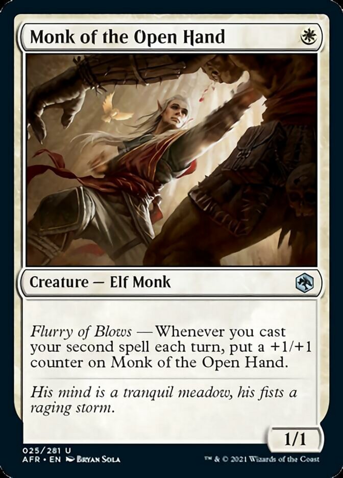 Monk of the Open Hand {W}

Creature — Elf Monk 1/1

Flurry of Blows — Whenever you cast your second spell each turn, put a +1/+1 counter on Monk of the Open Hand.