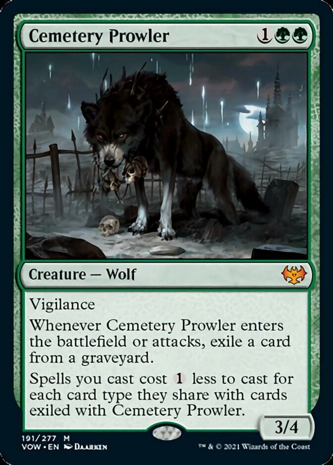 Cemetery Prowler {1}{G}{G}

Creature — Wolf 3/4

Vigilance

Whenever Cemetery Prowler enters the battlefield or attacks, exile a card from a graveyard.

Spells you cast cost {1} less to cast for each card type they share with cards exiled with Cemetery Prowler.