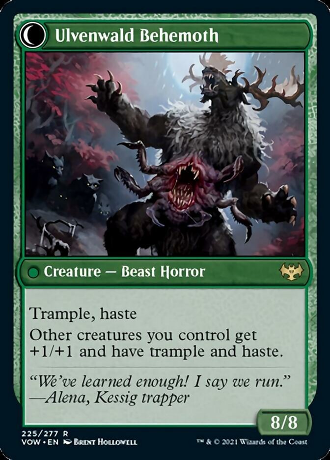 Ulvenwald Behemoth

Color Indicator: Green
Creature — Beast Horror 8/8

Trample, haste

Other creatures you control get +1/+1 and have trample and haste.