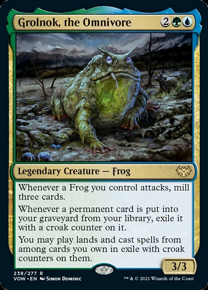 Grolnok, the Omnivore {2}{G}{U}

Legendary Creature — Frog 3/3

Whenever a Frog you control attacks, mill three cards.

Whenever a permanent card is put into your graveyard from your library, exile it with a croak counter on it.

You may play lands and cast spells from among cards you own in exile with croak counters on them.