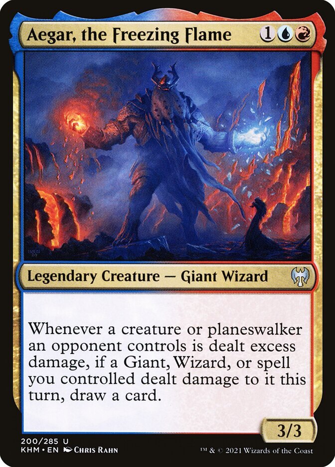 Aegar, the Freezing Flame {1}{U}{R}

Legendary Creature — Giant Wizard 3/3

Whenever a creature or planeswalker an opponent controls is dealt excess damage, if a Giant, Wizard, or spell you controlled dealt damage to it this turn, draw a card.