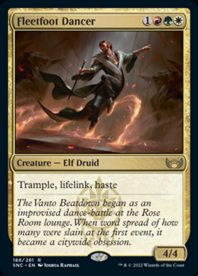 Fleetfoot Dancer {1}{R}{G}{W}

Creature — Elf Druid 4/4

Trample, lifelink, haste