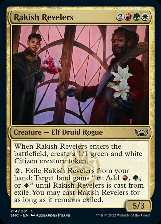 Rakish Revelers {2}{R}{G}{W}

Creature — Elf Druid Rogue 5/3

When Rakish Revelers enters the battlefield, create a 1/1 green and white Citizen creature token.

{2}, Exile Rakish Revelers from your hand: Target land gains “{T}: Add {R}, {G}, or {W}” until Rakish Revelers is cast from exile. You may cast Rakish Revelers for as long as it remains exiled.