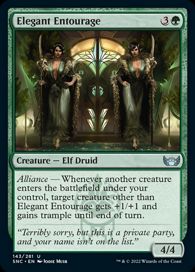 Elegant Entourage {3}{G}

Creature — Elf Druid 4/4

Alliance — Whenever another creature enters the battlefield under your control, target creature other than Elegant Entourage gets +1/+1 and gains trample until end of turn.