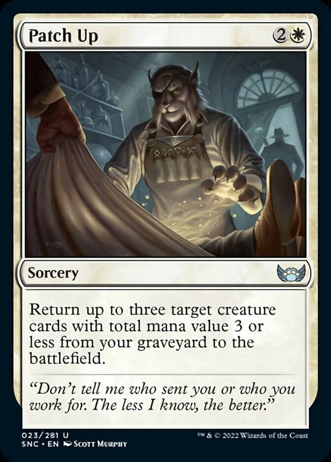 Patch Up {2}{W}

Sorcery

Return up to three target creature cards with total mana value 3 or less from your graveyard to the battlefield.