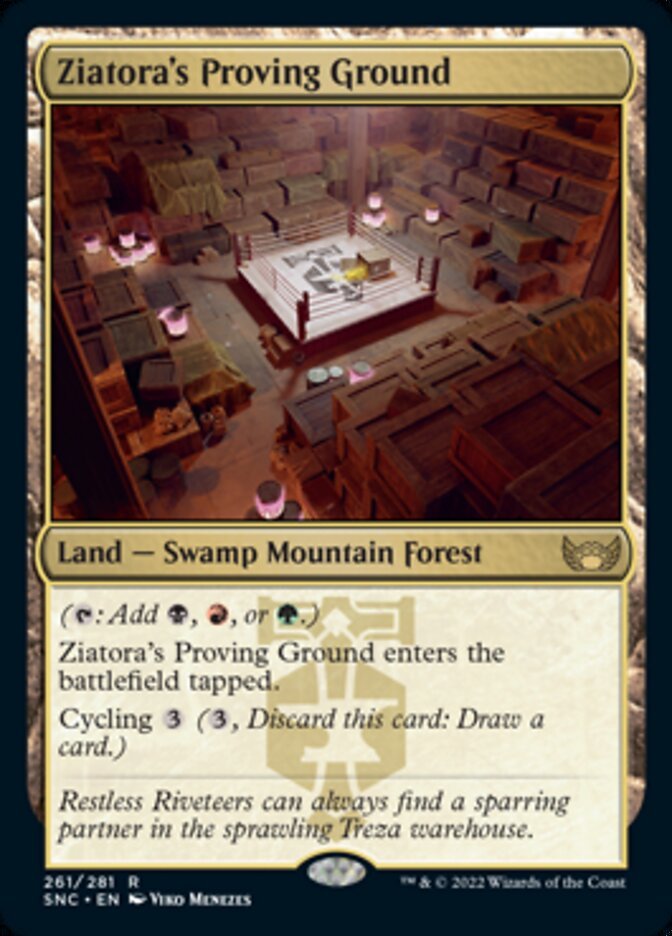 Ziatora's Proving Ground

Land — Swamp Mountain Forest

({T}: Add {B}, {R}, or {G}.)

Ziatora’s Proving Ground enters the battlefield tapped.

Cycling {3} ({3}, Discard this card: Draw a card.)