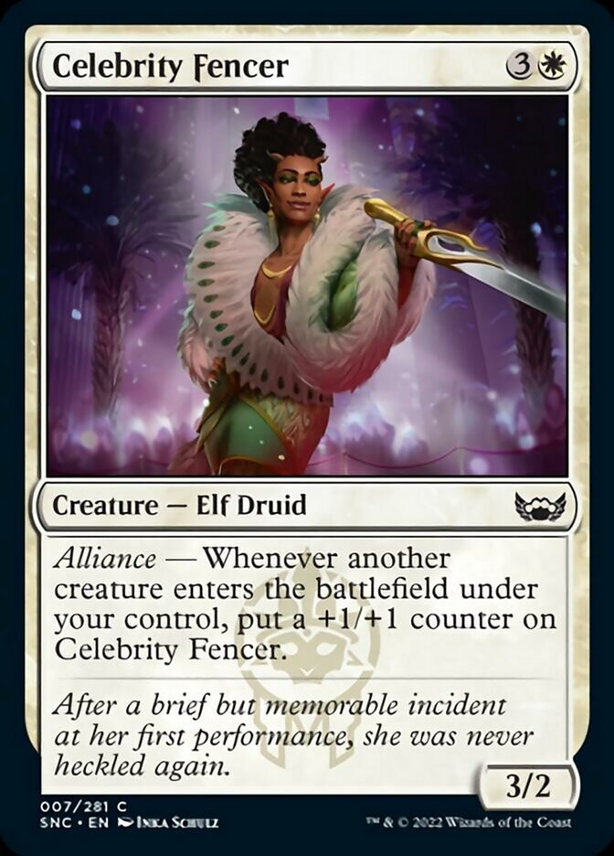 Celebrity Fencer {3}{W}

Creature — Elf Druid 3/2

Alliance — Whenever another creature enters the battlefield under your control, put a +1/+1 counter on Celebrity Fencer.